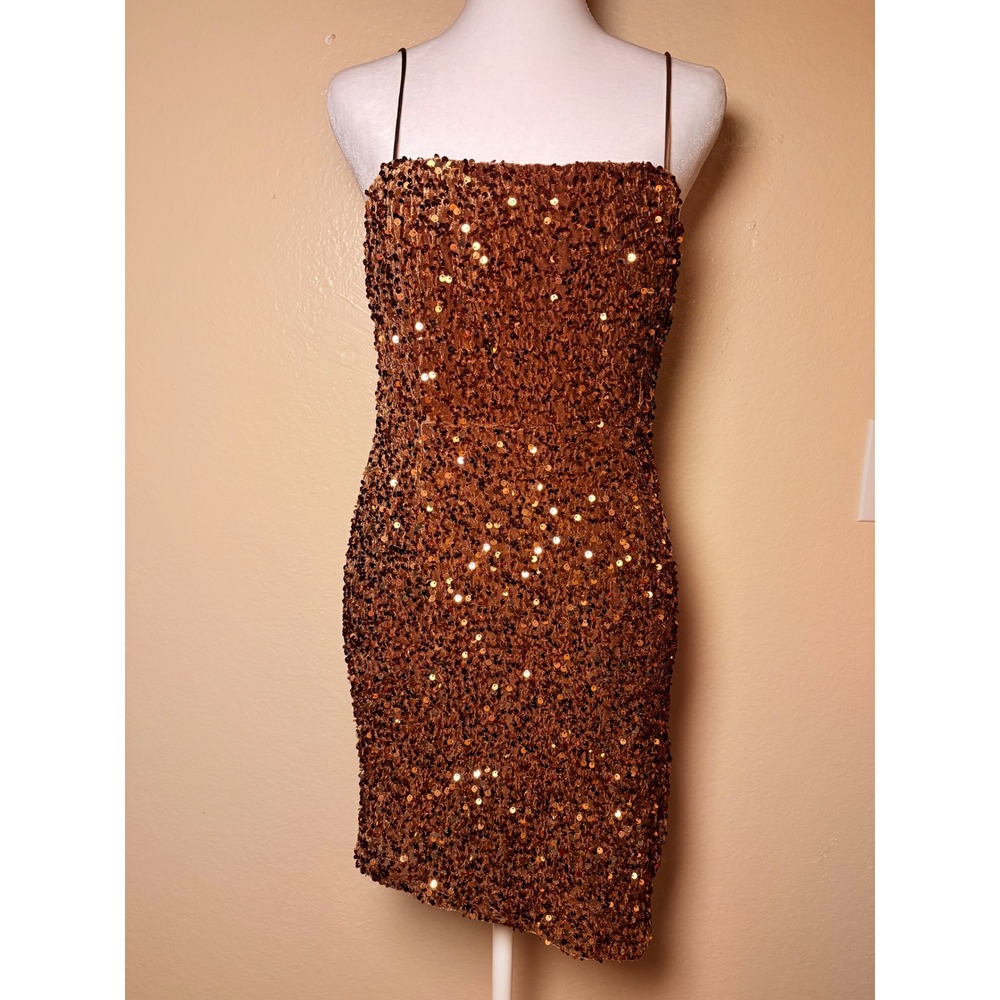 Y2K Blush B.J. Bronze Sequin Mini Dress Women Copper Sparkly Cocktail Party
